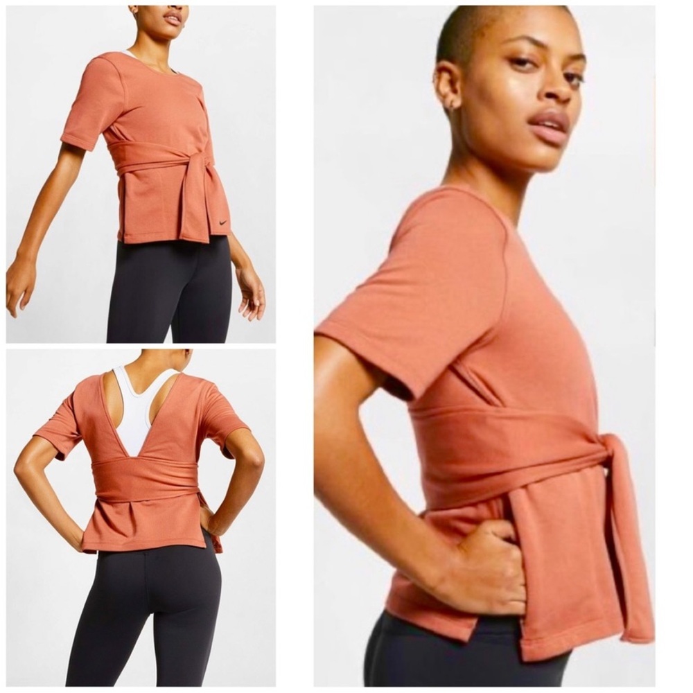 Nike Studio Yoga Training Top Short Sleeve Tie Front V Neck Pullover Rust A23